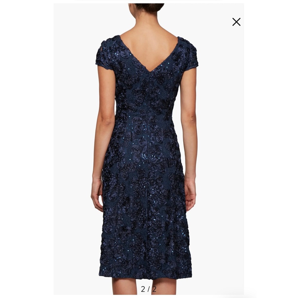 Alex Evenings Navy Blue Floral Lace Sequin Rosette Embellished Midi Dress Size 8 - Picture 16 of 16